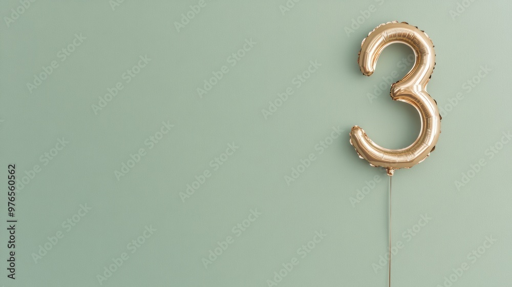 Golden Number 3 Balloon on Green Velvet Background - Minimalist Celebration Theme, Top View Golden Number 3 Balloon on Green Velvet Background - Minimalist Celebration Theme, Top View