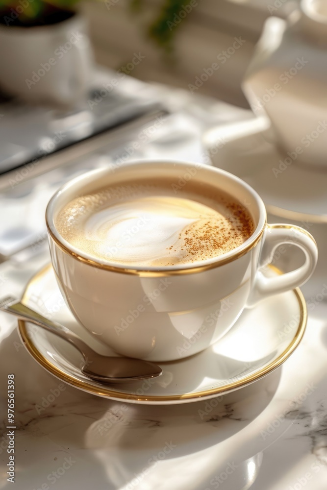 The white cup on the table is filled with fresh coffee The white cup on the table is filled with fresh coffee