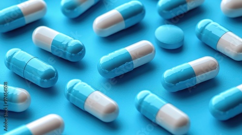 Blue and White Pills on Blue Background