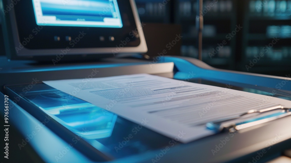 A close-up of a scanner processing a document with a visible preview on screen A close-up of a scanner processing a document with a visible preview on screen