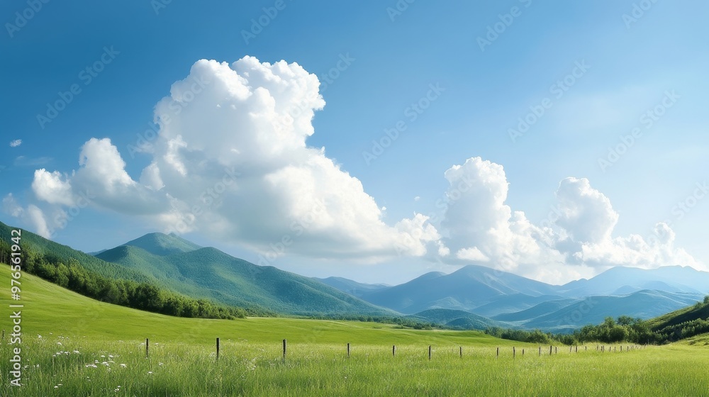 Obraz premium Tranquil Green Mountains and Blue Sky, symbolizing serenity, peace, nature, vastness, and hope.