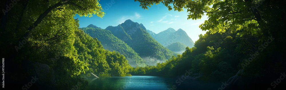 Tranquil Mountain River Escape, a serene landscape image depicting a river winding through lush green mountains, showcasing nature's beauty, peaceful serenity, tranquility, relaxation, and adventure. Tranquil Mountain River Escape, a serene landscape image depicting a river winding through lush green mountains, showcasing nature's beauty, peaceful serenity, tranquility, relaxation, and adventure.