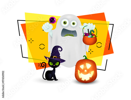 Ghost holding cauldron with sweets. Black cat in witch hat and pumpkin lantern nearby. Halloween concept. Vector illustration for leaflets, brochures, invitations, posters or banners