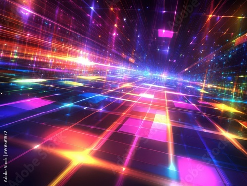 Laserlike beams of color crossing a virtual grid, vibrant digital technology wallpaper