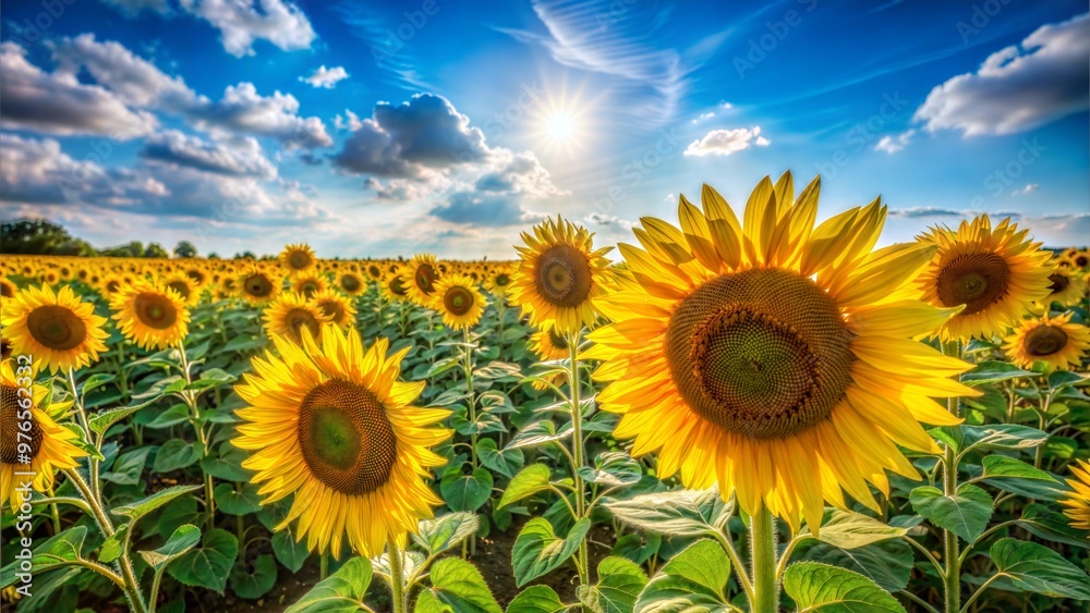 Obraz premium a field of sunflowers under a bright blue sky, with each flower displaying intricate details