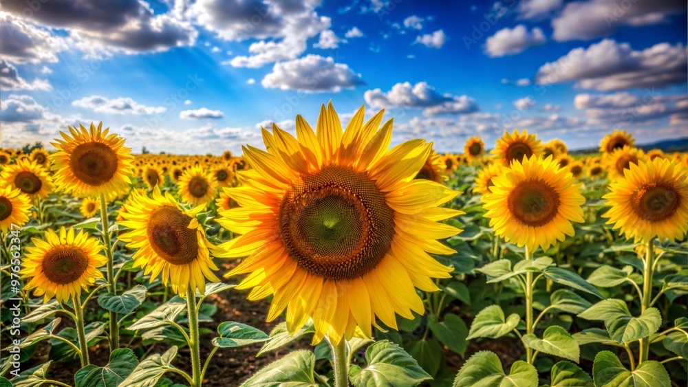 Obraz premium a field of sunflowers under a bright blue sky, with each flower displaying intricate details