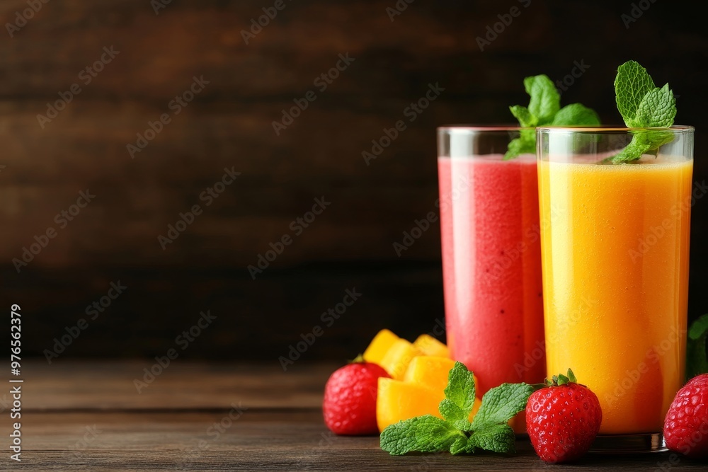 Two glasses of colorful smoothies, one pink and one yellow, with fresh mango and strawberries. Delicious and healthy drink. Two glasses of colorful smoothies, one pink and one yellow, with fresh mango and strawberries. Delicious and healthy drink.