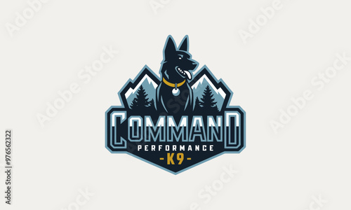 Silhouette of K9 dog in command shield logo design