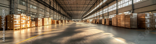 Stacks of Cardboard Boxes on Pallets in a Photo of a Modern Warehouse