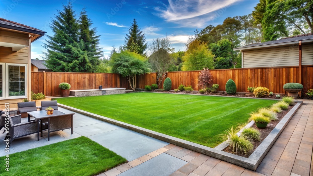 Green grass lawn, plants, and wooden fence in a modern backyard patio , green, grass, lawn, plants, wooden fence, modern Green grass lawn, plants, and wooden fence in a modern backyard patio , green, grass, lawn, plants, wooden fence, modern