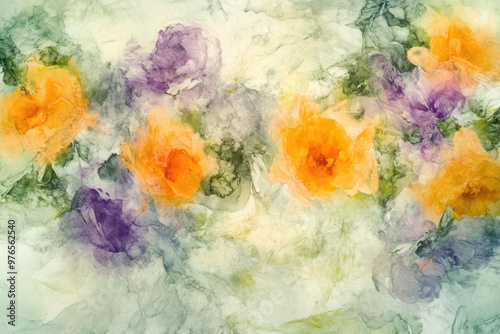 Abstract Watercolor Painting of Vibrant Flowers in Yellow, Purple, and Green Tones