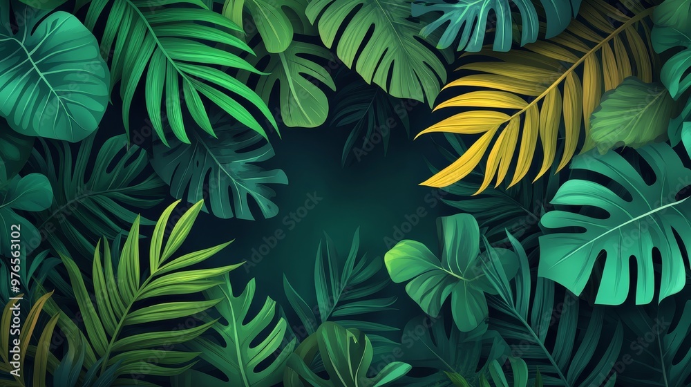 Vibrant green tropical leaves frame a dark background, symbolizing nature, growth, abundance, serenity, and exotic escape. Vibrant green tropical leaves frame a dark background, symbolizing nature, growth, abundance, serenity, and exotic escape.