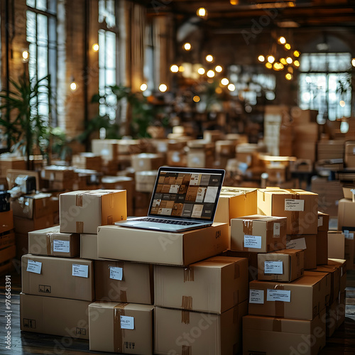 Laptop on Stacked Cardboard Boxes in Warehouse Photo