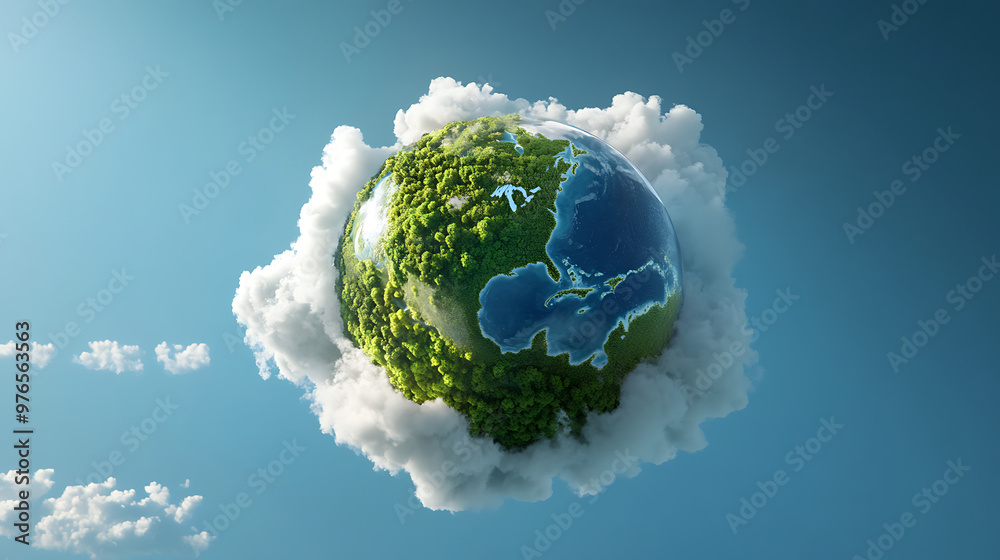 Naklejka premium World Ozone Day : Earth with clouds and protective shield symbolizing ozone layer 