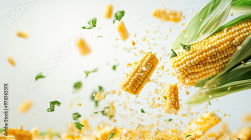 Various falling fresh ripe corn on light white background, horizontal composition
