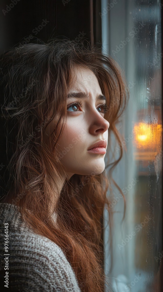 A teenage girl gazes out the window, overwhelmed with heartbreak and anxiety, the soft lighting casting a gentle glow on her face. A teenage girl gazes out the window, overwhelmed with heartbreak and anxiety, the soft lighting casting a gentle glow on her face.