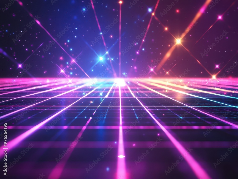 Laserlike beams of color crossing a virtual grid, vibrant digital technology wallpaper