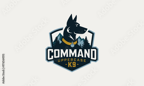 Silhouette of K9 dog in command shield logo design
