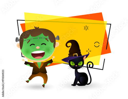 Happy kid in zombie costume and black cat in witch hat on abstract background. Invitation or banner design. Halloween concept. Vector illustration for posters or leaflets
