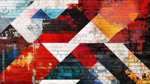Colorful Abstract Geometric Street Art on Brick Wall with Bold Triangular Patterns