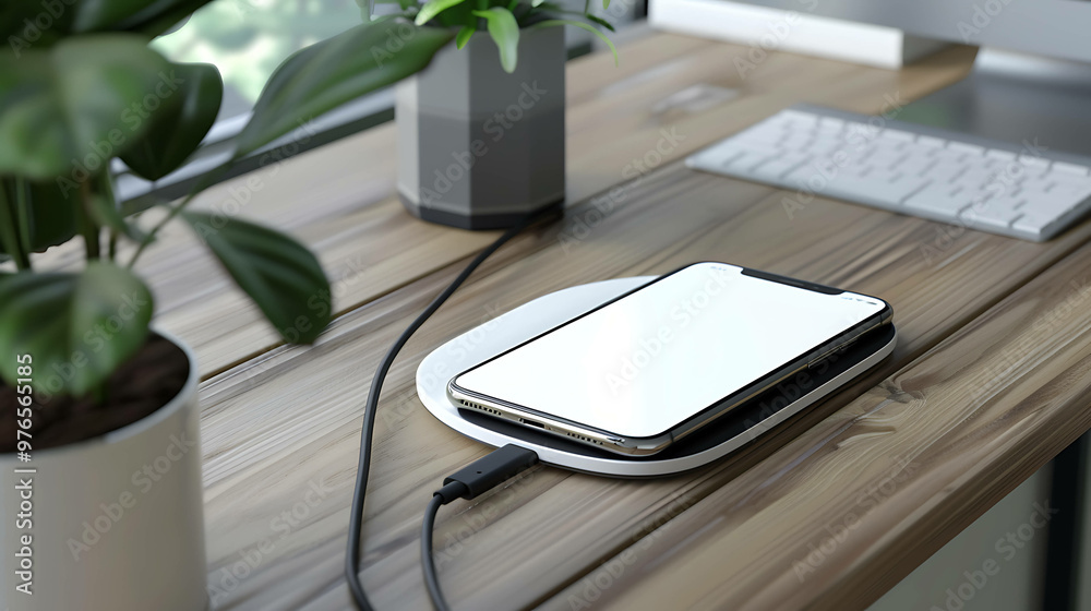 A modern wireless charging pad with a smartphone on it. A modern wireless charging pad with a smartphone on it.