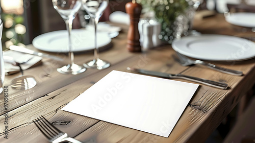 Blank white menu card on a rustic wooden table, with wine glasses and plates out of focus. photo