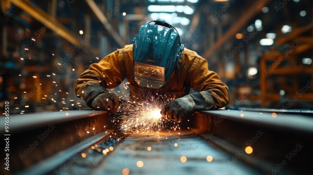 Industrial Night Shift - Moody Factory Worker Welding Steel Beams With Sparks Flying in Dark Workshop | High Contrast Photography with Leica M10 35mm Lens Industrial Night Shift - Moody Factory Worker Welding Steel Beams With Sparks Flying in Dark Workshop | High Contrast Photography with Leica M10 35mm Lens