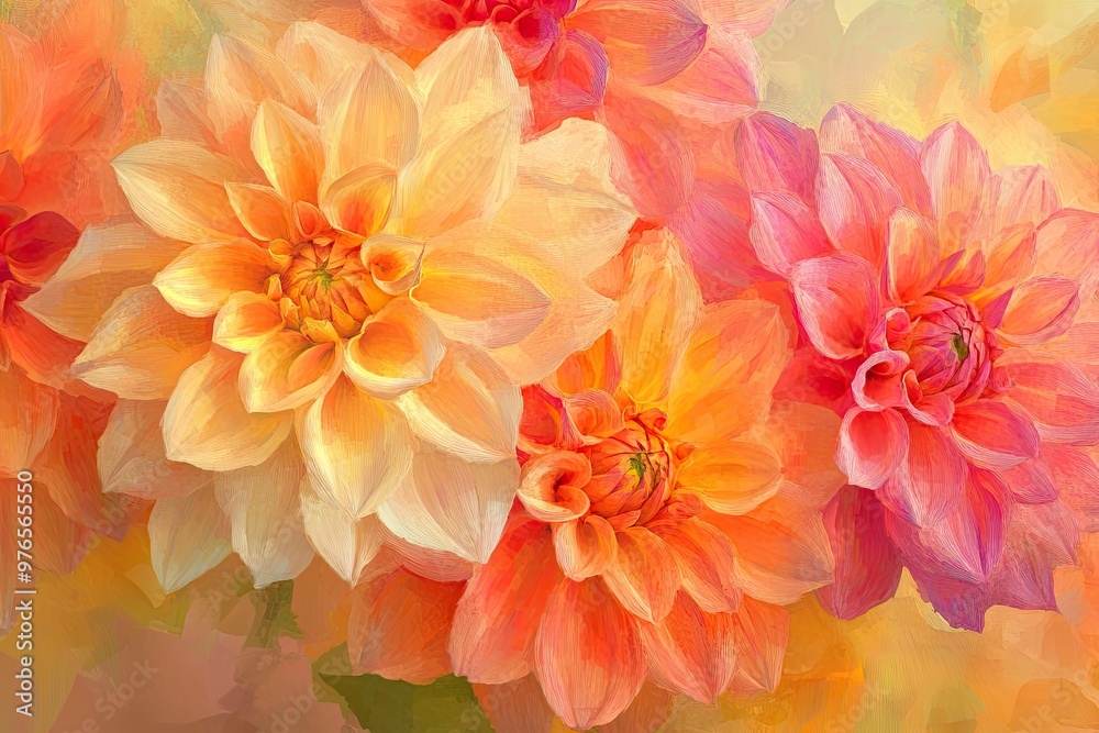 Vibrant Close-Up of Colorful Dahlia Flowers in Full Bloom with Soft Pastel Background Vibrant Close-Up of Colorful Dahlia Flowers in Full Bloom with Soft Pastel Background