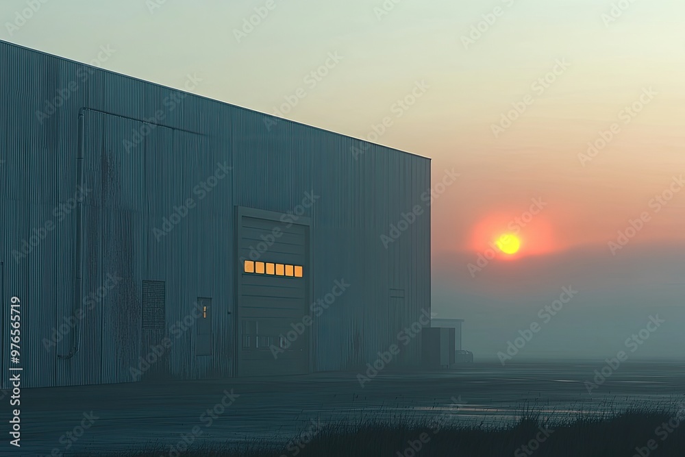 Obraz premium Industrial Warehouse Exterior at Sunrise with Misty Atmosphere and Soft Sunlight