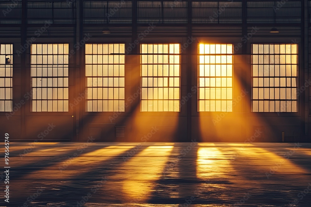 Sunlight Streaming Through Large Industrial Windows in an Empty Warehouse at Sunset