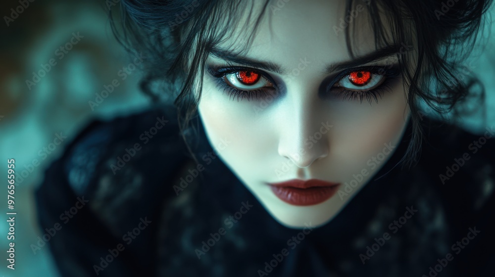 Mysterious Vampire Woman with Glowing Red Eyes and Sharp Fangs in Gothic Castle Setting Mysterious Vampire Woman with Glowing Red Eyes and Sharp Fangs in Gothic Castle Setting