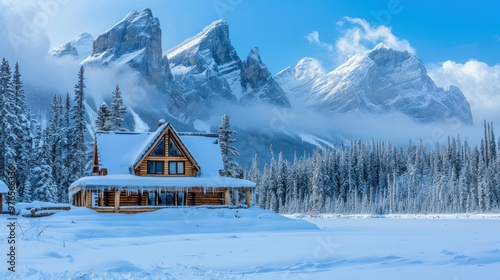 A cozy cabin in the foreground with a snowy mountain backdrop photo