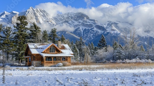 A cozy cabin in the foreground with a snowy mountain backdrop