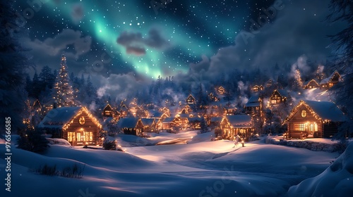 Northern lights glowing above a snow-covered Christmas village, with cozy cottages lit up by soft, warm lights, leaving space at the bottom for text