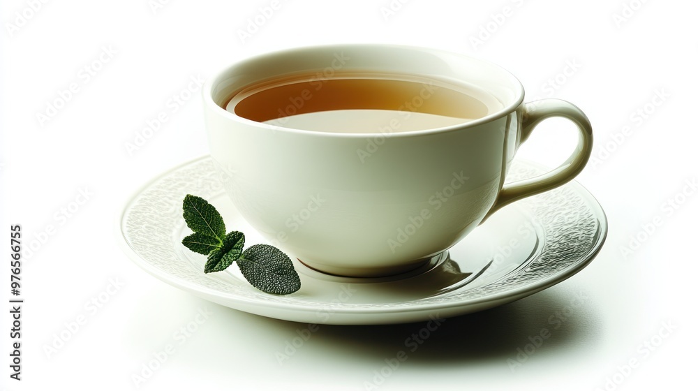 A cup of tea on a saucer with a mint leaf for garnish. A cup of tea on a saucer with a mint leaf for garnish.