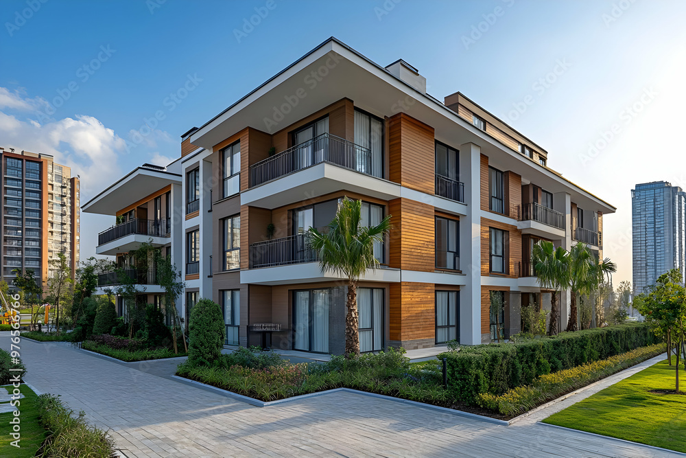 Modern Apartment Complex Photo: Architectural Design with Balconies and Landscaping Modern Apartment Complex Photo: Architectural Design with Balconies and Landscaping