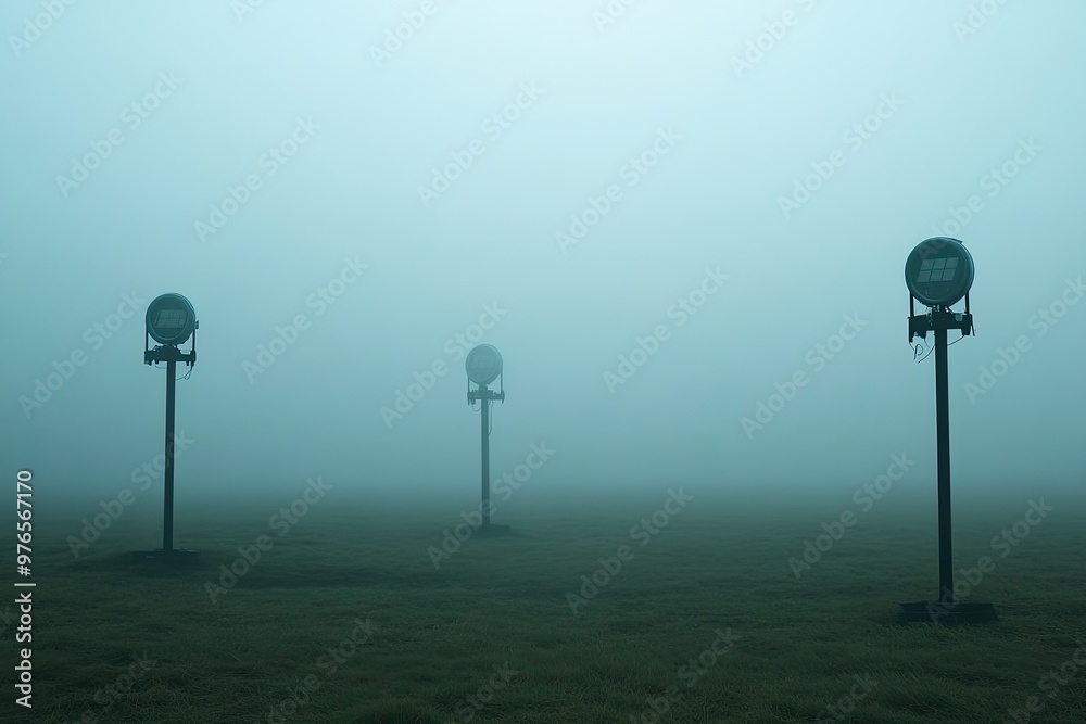 Mysterious Foggy Landscape with Three Isolated Street Lights in a Misty Field Mysterious Foggy Landscape with Three Isolated Street Lights in a Misty Field