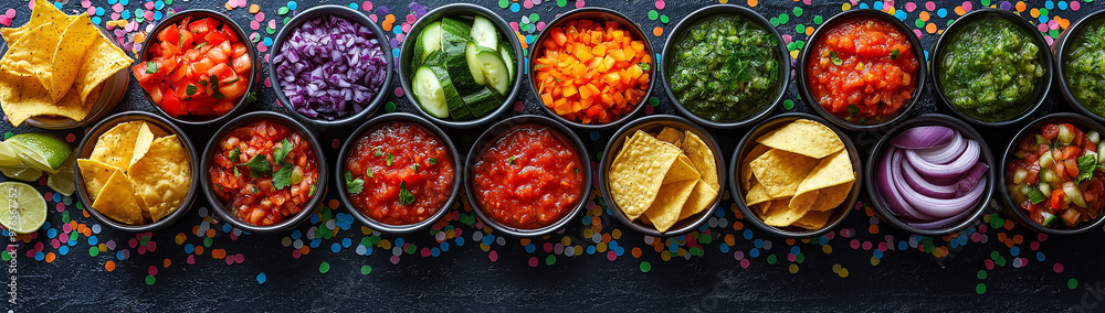 Nachos, salsa and cut vegetables on a black background top view, created with Generative AI technology Nachos, salsa and cut vegetables on a black background top view, created with Generative AI technology