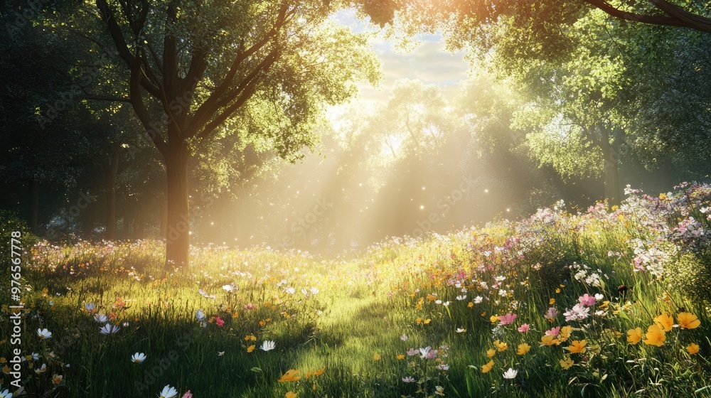 Sunlit Forest Meadow with Blooming Wildflowers and Lush Greenery on a Bright Summer Day Sunlit Forest Meadow with Blooming Wildflowers and Lush Greenery on a Bright Summer Day