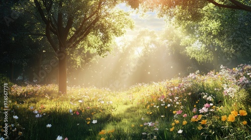 Sunlit Forest Meadow with Blooming Wildflowers and Lush Greenery on a Bright Summer Day