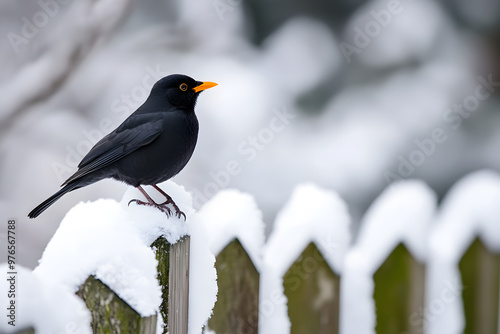 A blackbird perched on a snow-covered wooden fence, its glossy black feathers and orange beak contrasting with the winter snow.