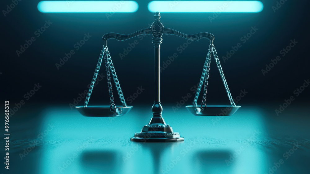 A futuristic representation of justice is depicted through glowing scale, symbolizing balance and fairness. sleek design and vibrant lighting evoke sense of modernity and hope for reform