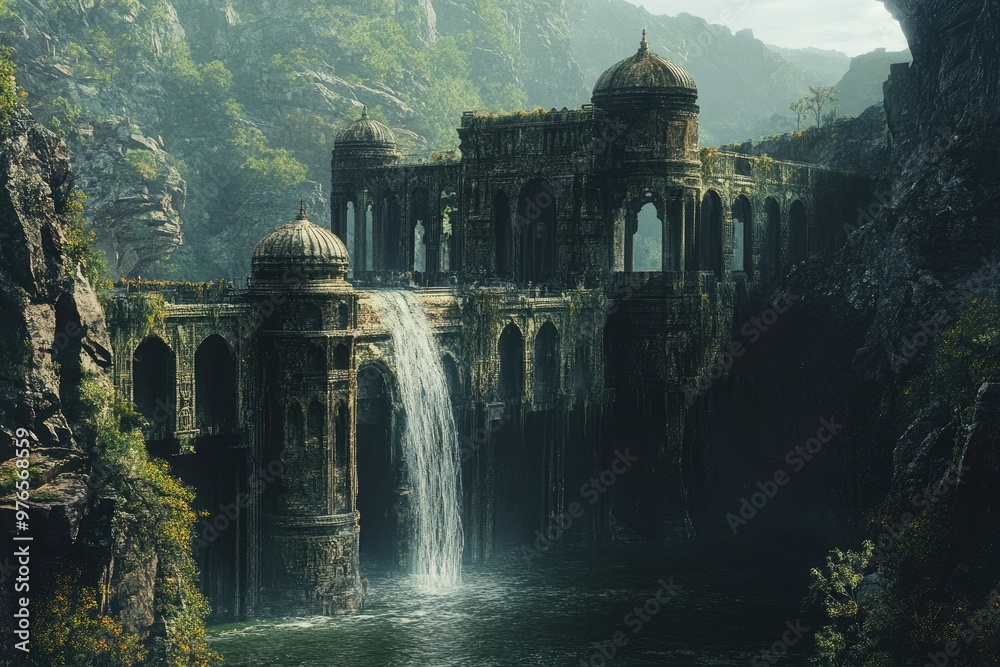 Ancient Stone Bridge with Waterfall in Lush Green Valley Surrounded by Rocky Cliffs and Dense Foliage Ancient Stone Bridge with Waterfall in Lush Green Valley Surrounded by Rocky Cliffs and Dense Foliage