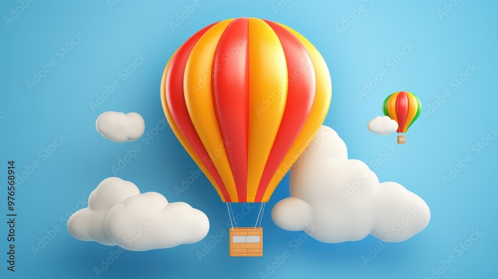 Obraz premium A large, red and yellow hot air balloon with a basket floats in a blue sky with white clouds and a smaller green and yellow hot air balloon.