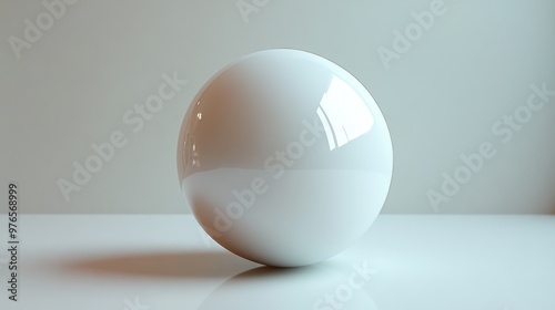 A glossy white sphere on a reflective surface in soft lighting.