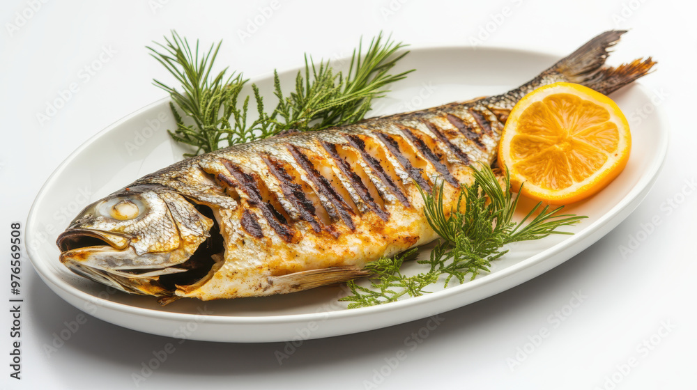 grilled dorada fish on a white late with lemons and rosemary