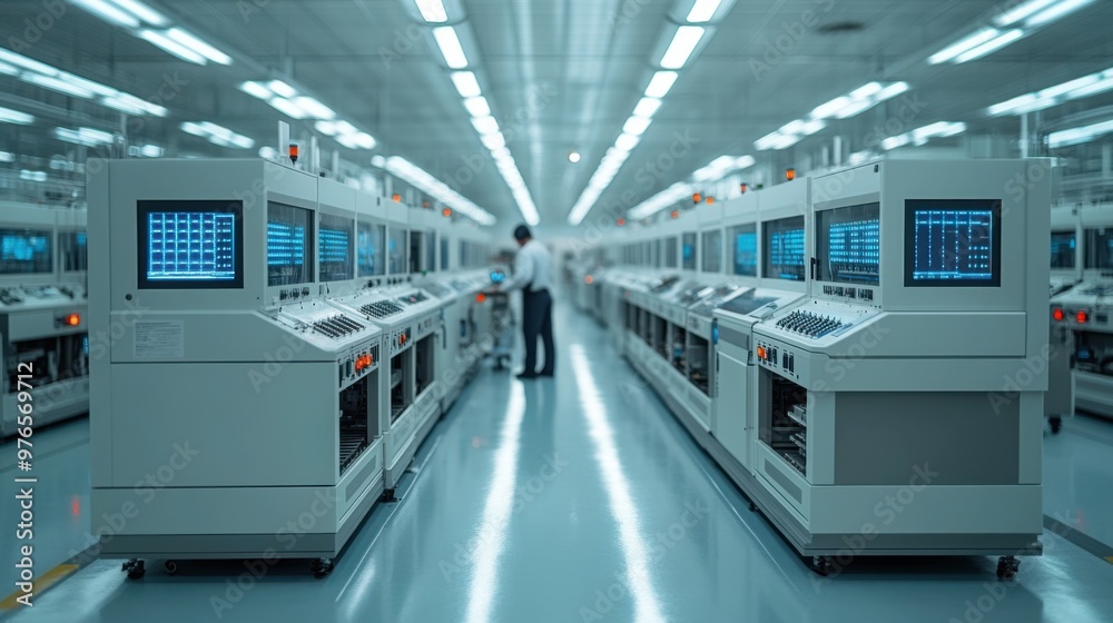 Obraz premium Futuristic Electronics Manufacturing Plant: Worker Monitoring Automated Assembly Process in Hi-Tech Factory Environment