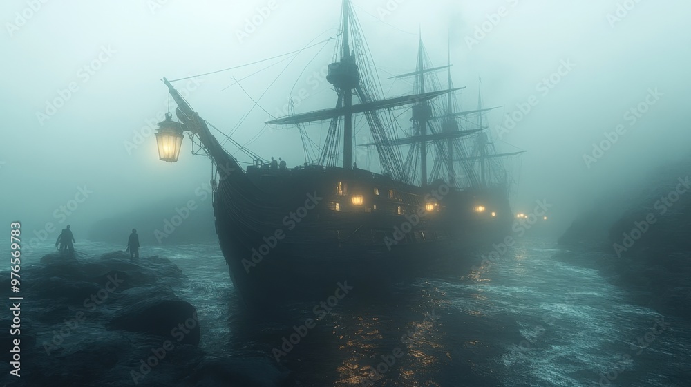 Ghostly Pirate Ship in Dense Fog with Glowing Lanterns and Eerie Ghostly Figures - Hyperrealistic 3D Illustration in Blender Cycles Ghostly Pirate Ship in Dense Fog with Glowing Lanterns and Eerie Ghostly Figures - Hyperrealistic 3D Illustration in Blender Cycles