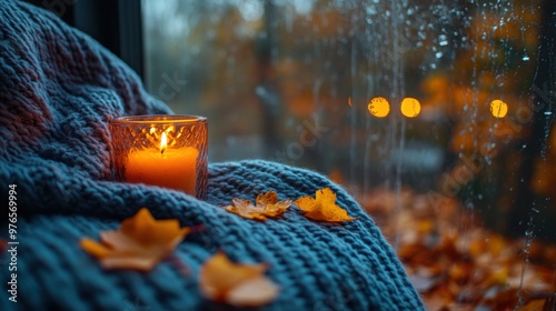 Tranquil Autumn Still Life with Sweater, Leaves, and Candle by Window, Captured with Nikon Z6 II and 85mm f/1.8 Lens photo