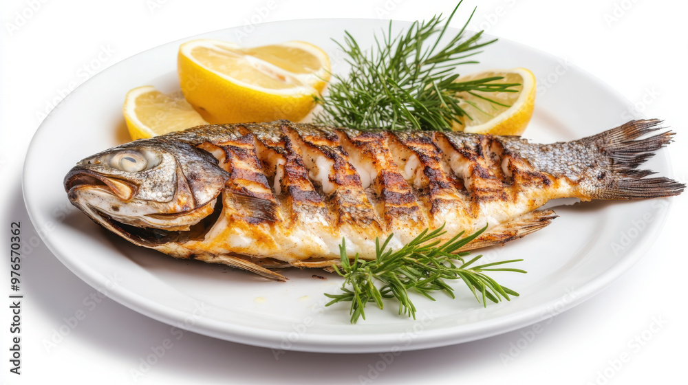 grilled dorada fish on a white late with lemons and rosemary grilled dorada fish on a white late with lemons and rosemary